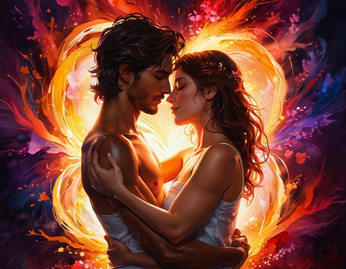 A vibrant scene depicting a couple entwined in an intimate embrace, surrounded by warm, glowing light that symbolizes passion and connection. Elements representing desire such as soft petals and glowing embers, intermingled with abstract shapes of hearts and intertwined hands in the background. The atmosphere radiates warmth and intimacy, conveying deep emotional connection. super-realistic. vibrant colors. soft focus.