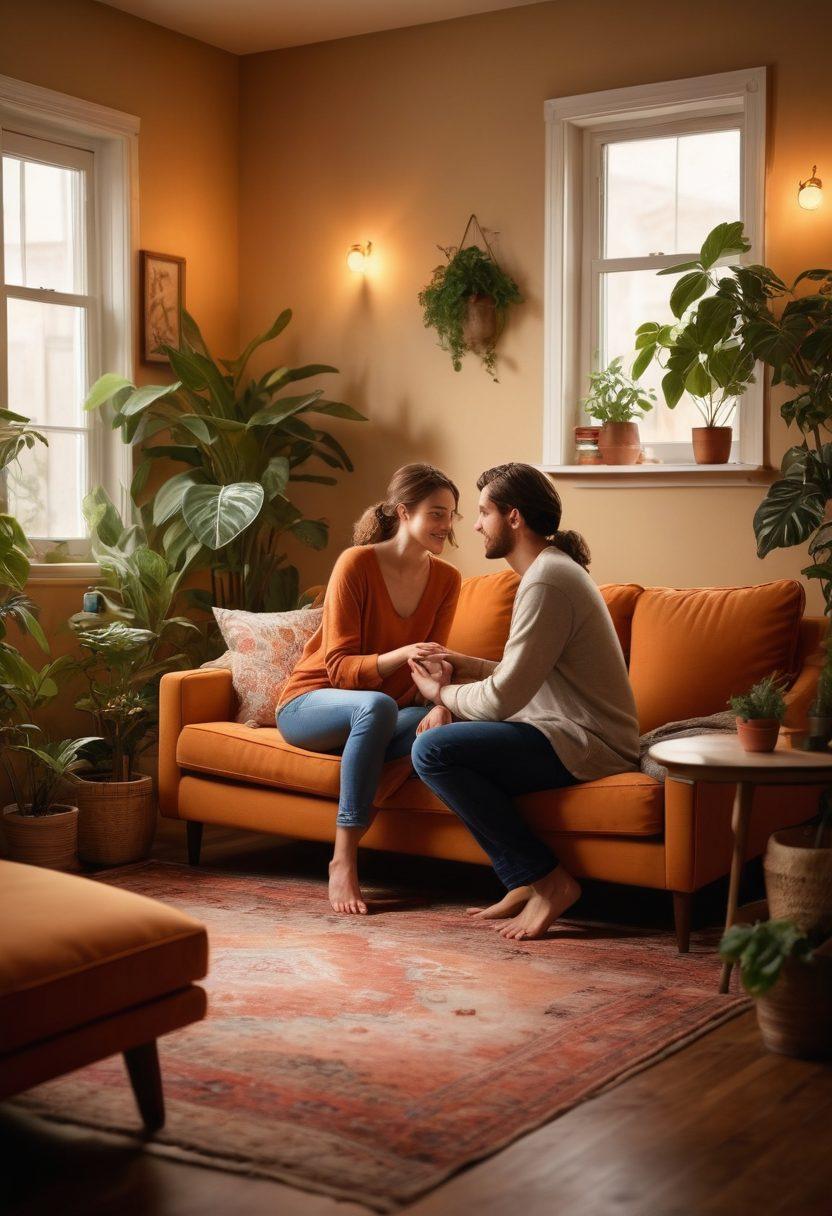 A cozy living room scene featuring two people engaged in heartfelt conversation, surrounded by nurturing elements like soft lighting, plants, and a warm atmosphere. Their expressive body language showcases empathy and understanding. Include subtle symbols of love, like a heart-shaped decor or intertwined hands, to emphasize intimacy. The background should be softly blurred to focus on the couple. super-realistic. warm colors. inviting atmosphere.