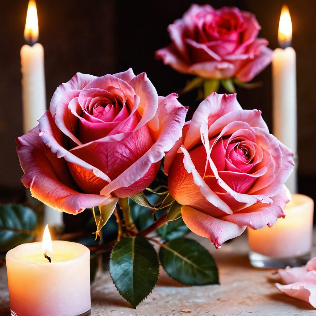 A beautifully intertwined pair of red and pink roses symbolizing the transition from lust to love, with soft, ethereal light illuminating the petals. In the background, faded images of passionate moments like a candlelit dinner and a couple holding hands, conveying warmth and intimacy. The overall mood should evoke a sense of romance and deep emotional connection. super-realistic. soft focus. vibrant colors.